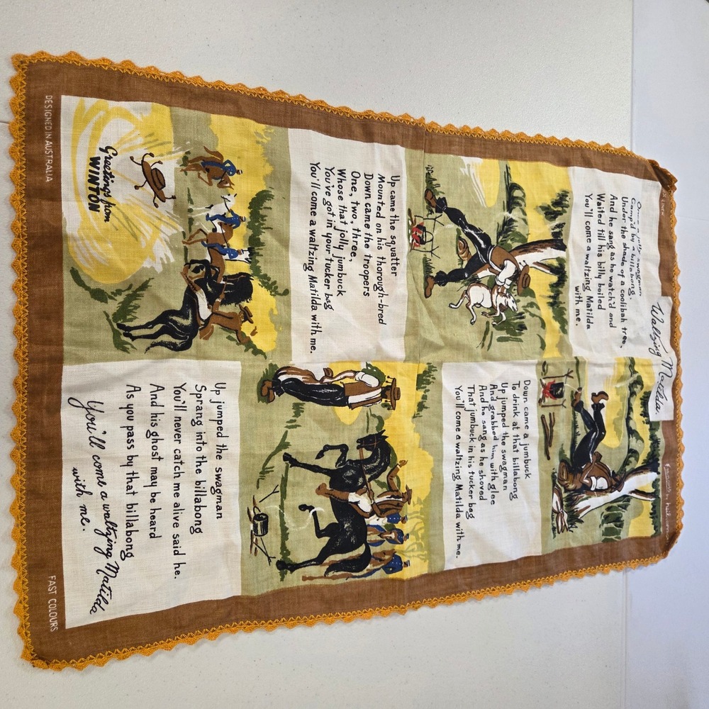 Vintage Waltzing Matilda Linen Tea Towel Francois by Neil Australia Winton